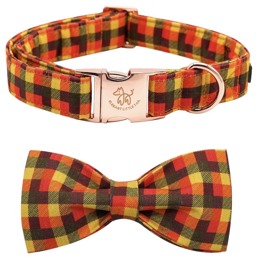 Elegant‎ Little Tail XS Dog Collar & Bow Yellow Plaid Grid Unisex Adjustable New